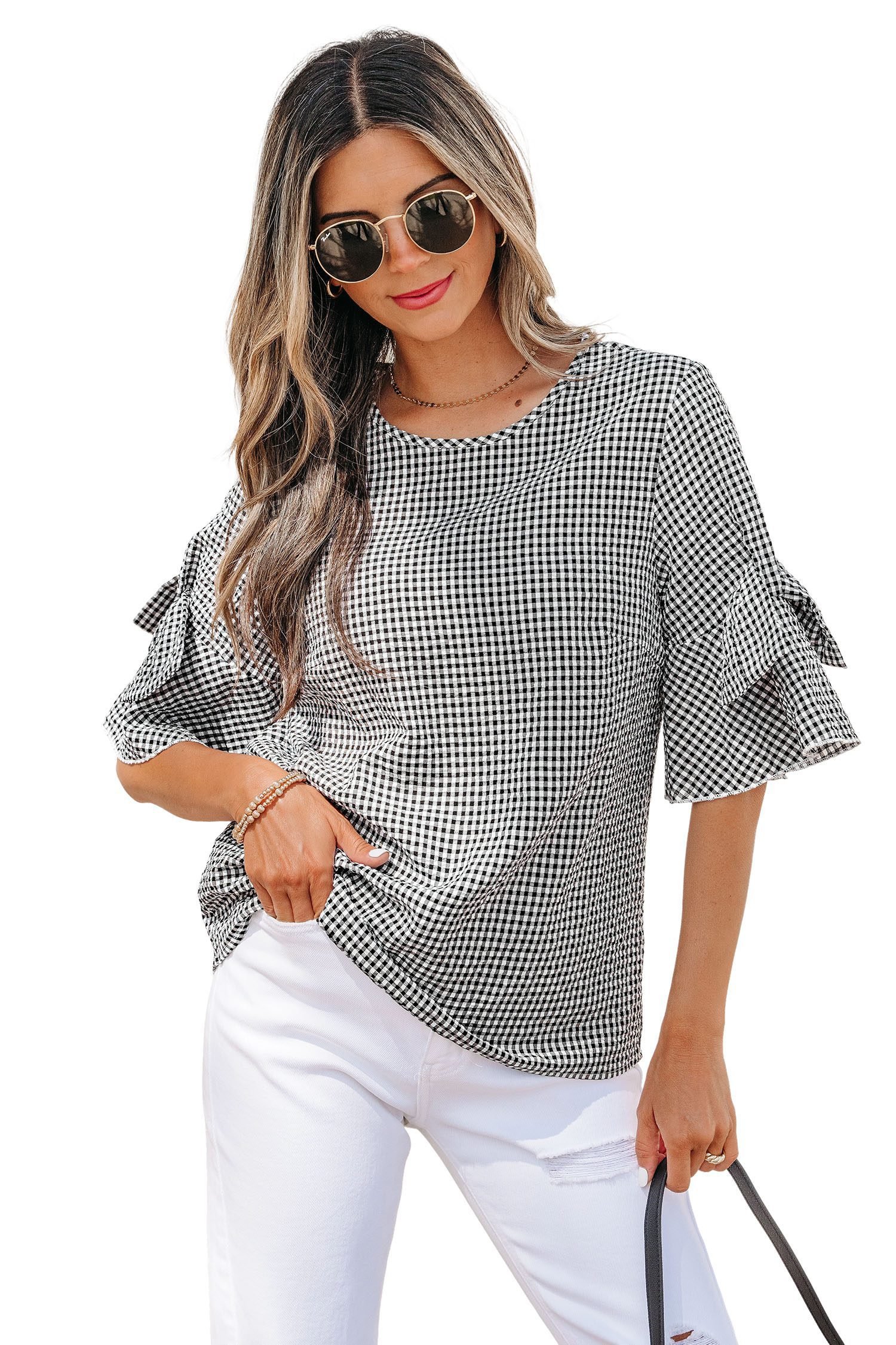 Black Plaid Bow Ruffled Half Sleeve Round Neck Blouse