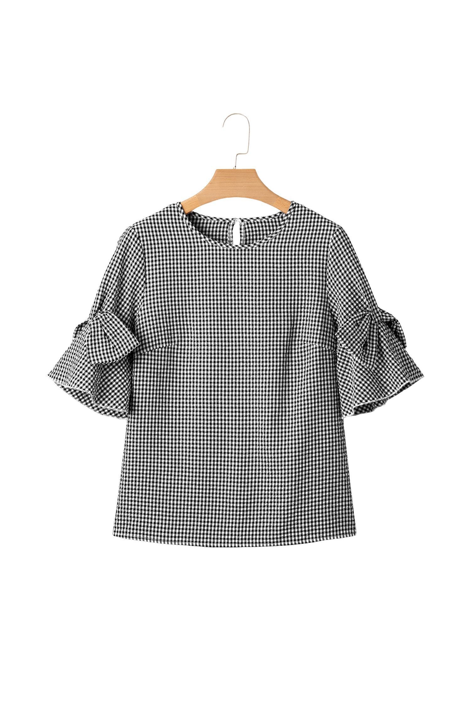 Black Plaid Bow Ruffled Half Sleeve Round Neck Blouse