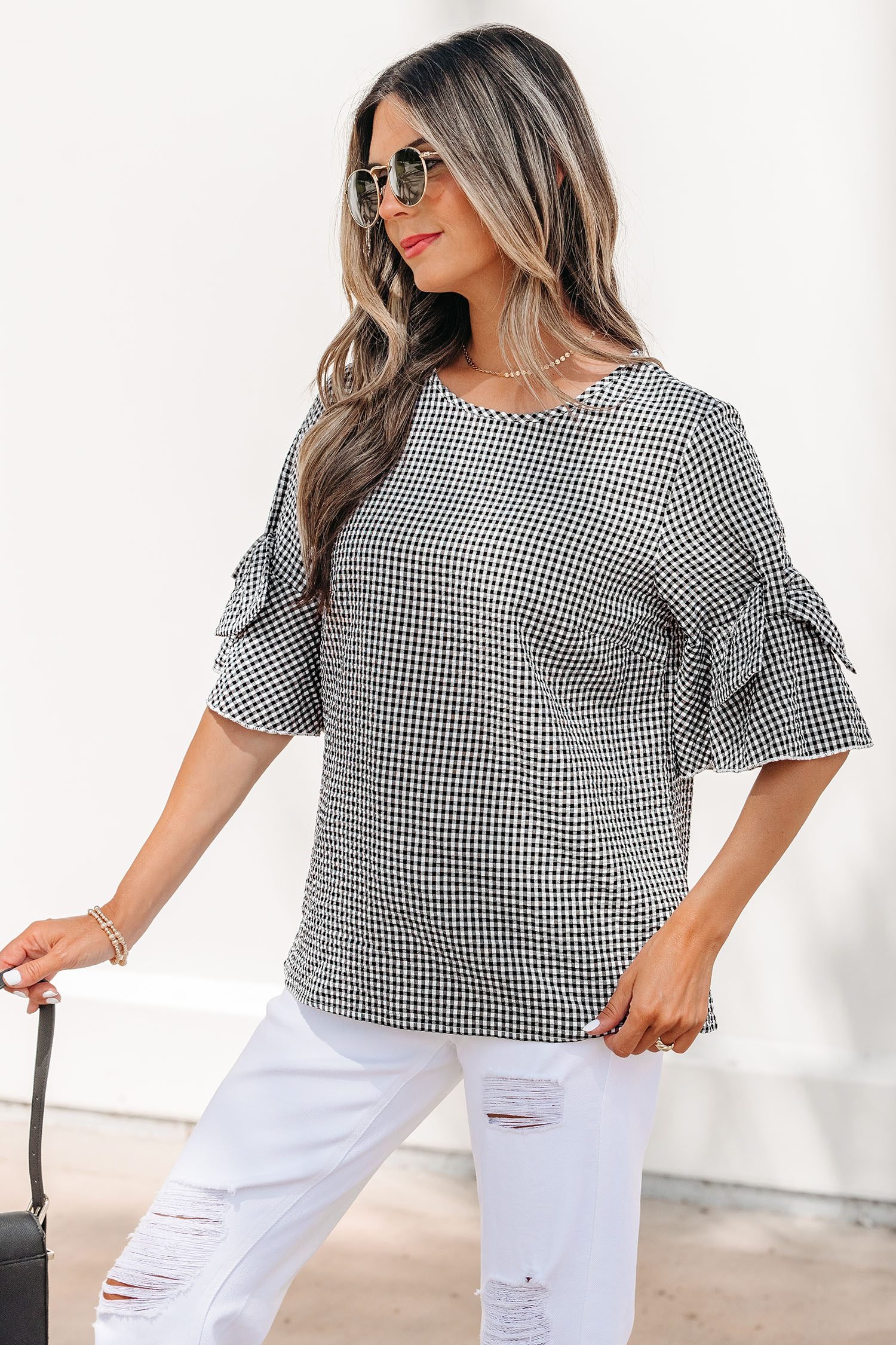 Black Plaid Bow Ruffled Half Sleeve Round Neck Blouse