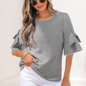 Black Plaid Bow Ruffled Half Sleeve Round Neck Blouse