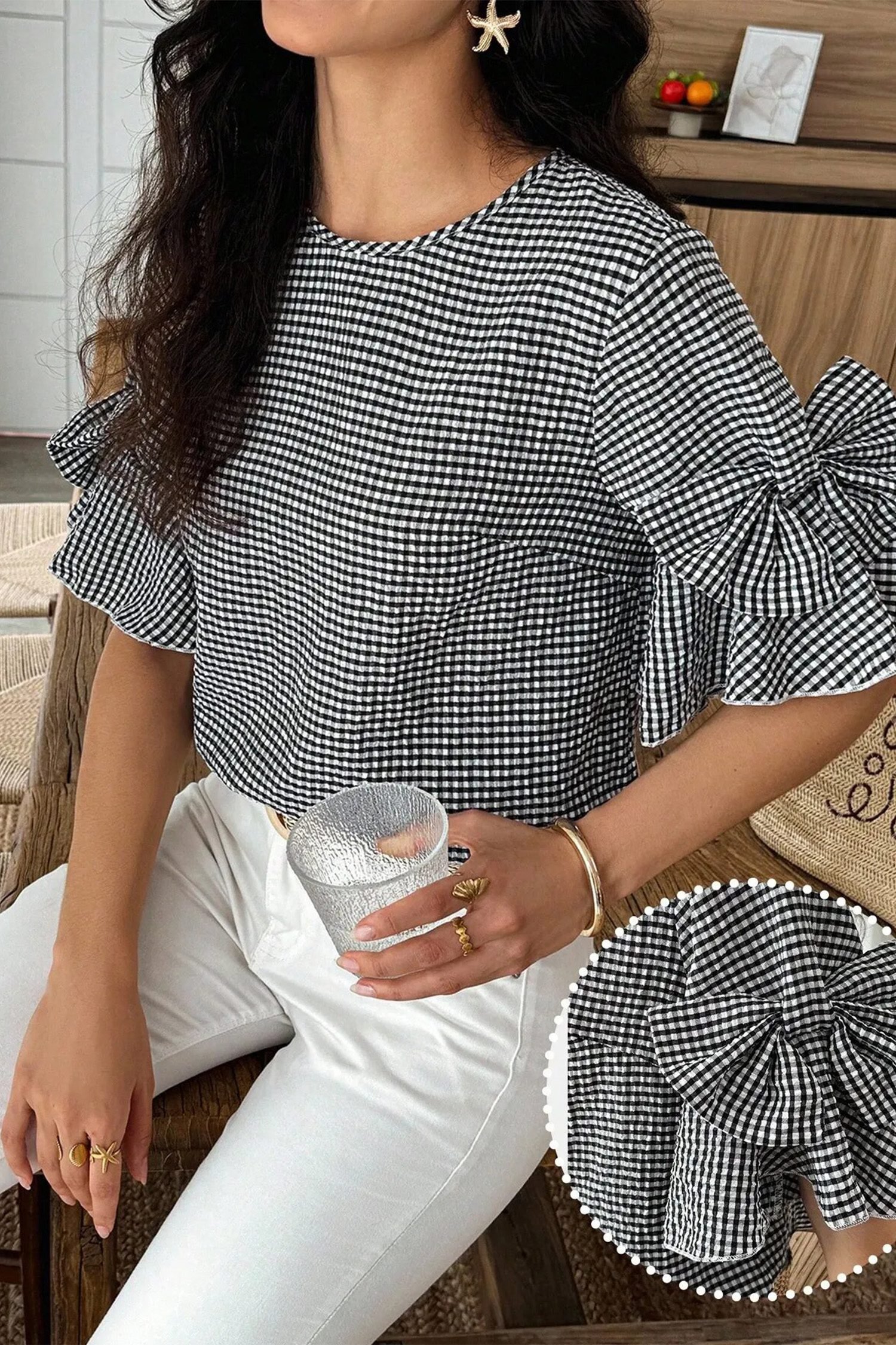 Black Plaid Bow Ruffled Half Sleeve Round Neck Blouse