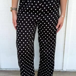 Black Polka Dot Print Elastic Waist Lace Hem Loose Pants