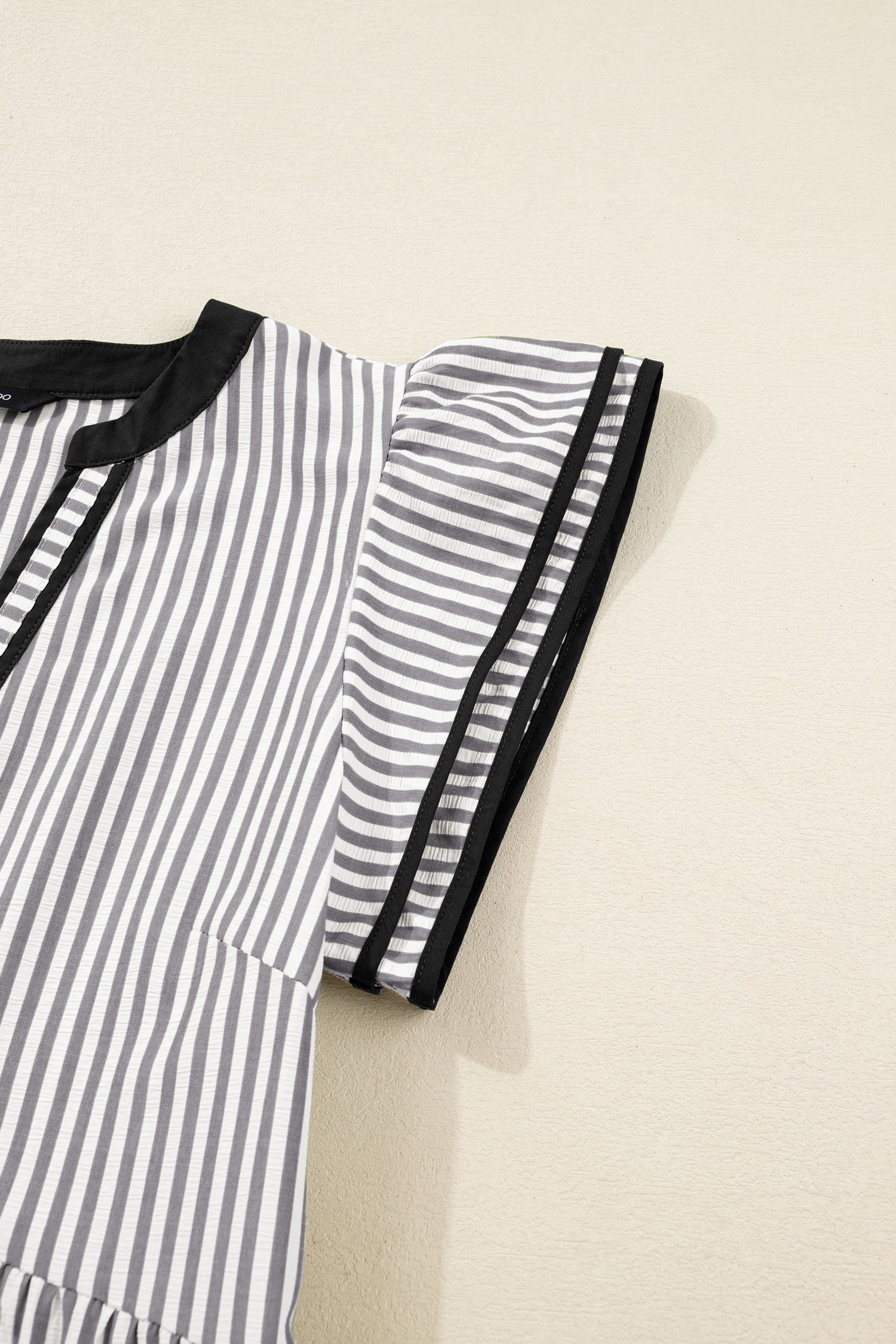 Black Stripe Contrast Trim V Neck Flutter Sleeve Casual Long Dress