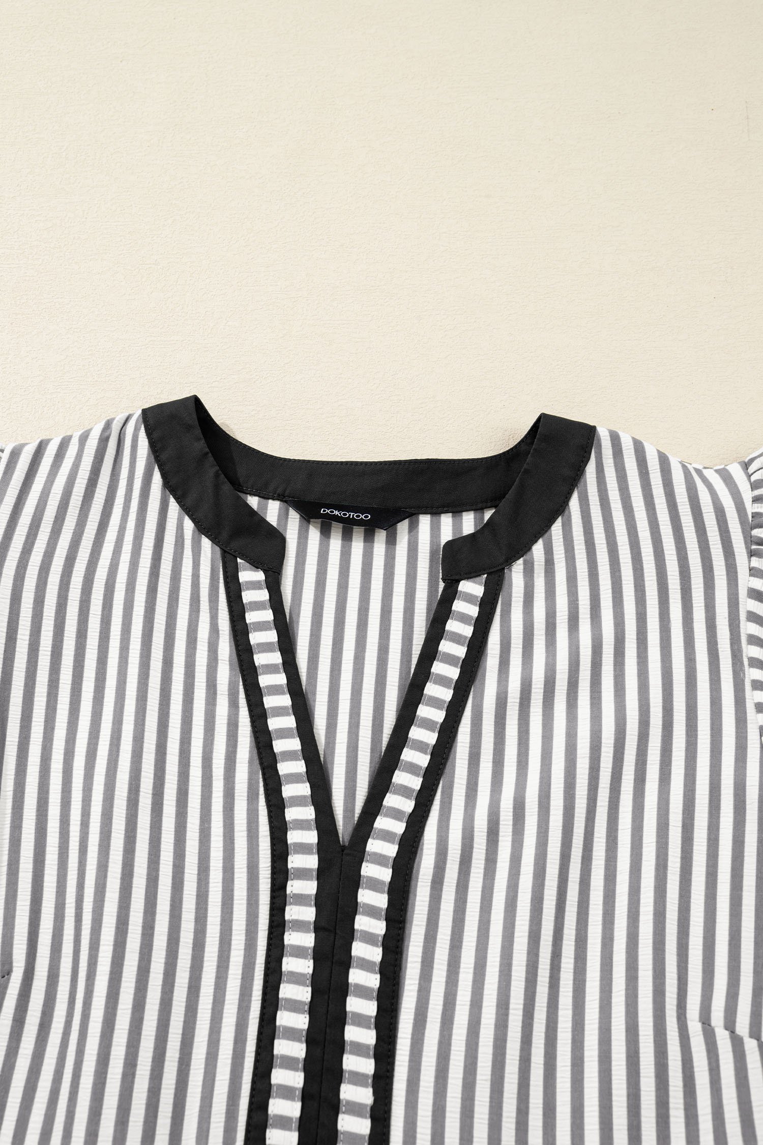 Black Stripe Contrast Trim V Neck Flutter Sleeve Casual Long Dress