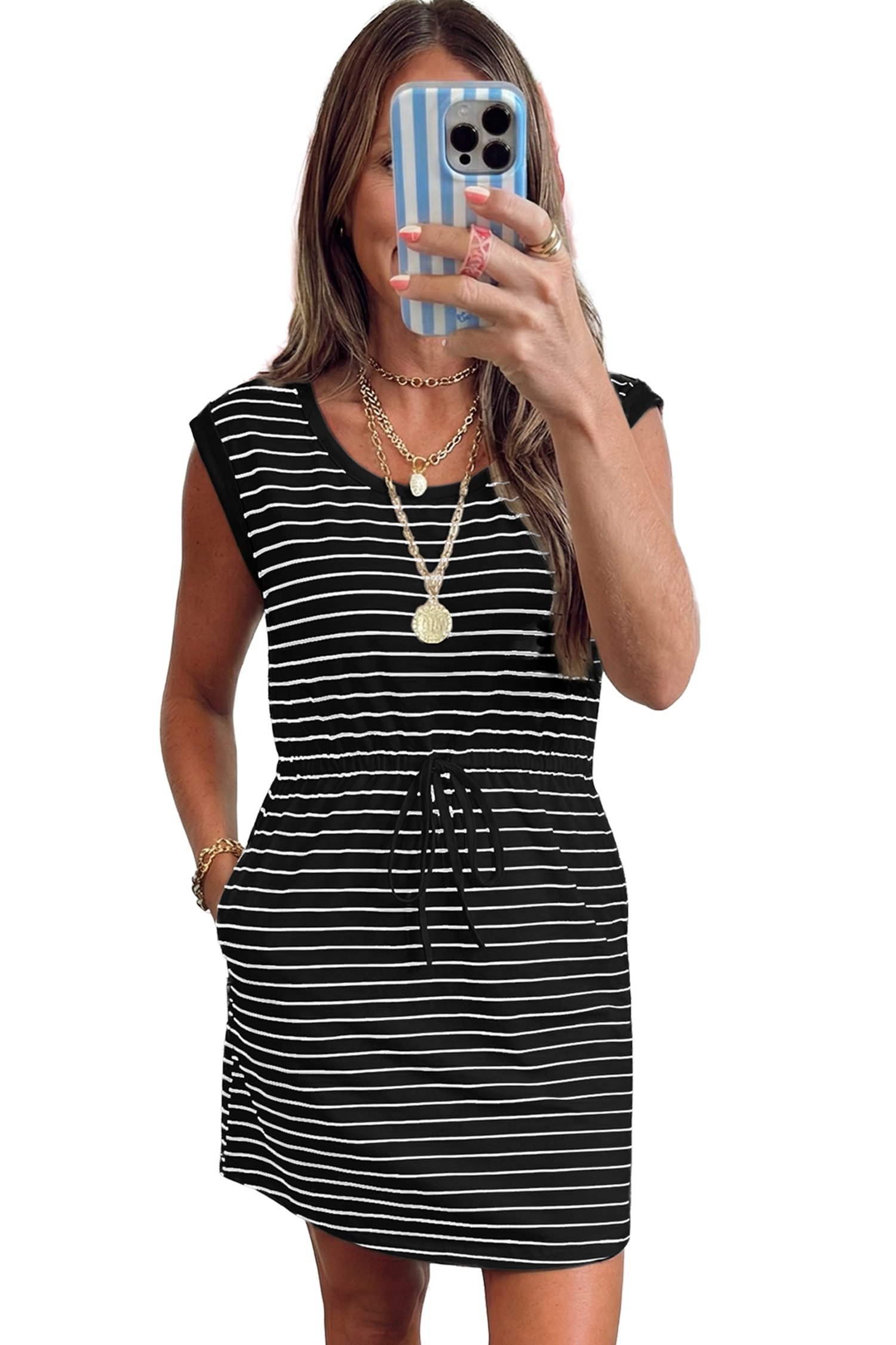 Black Stripe Drawstring Tunic Tank Mini Dress with Pockets