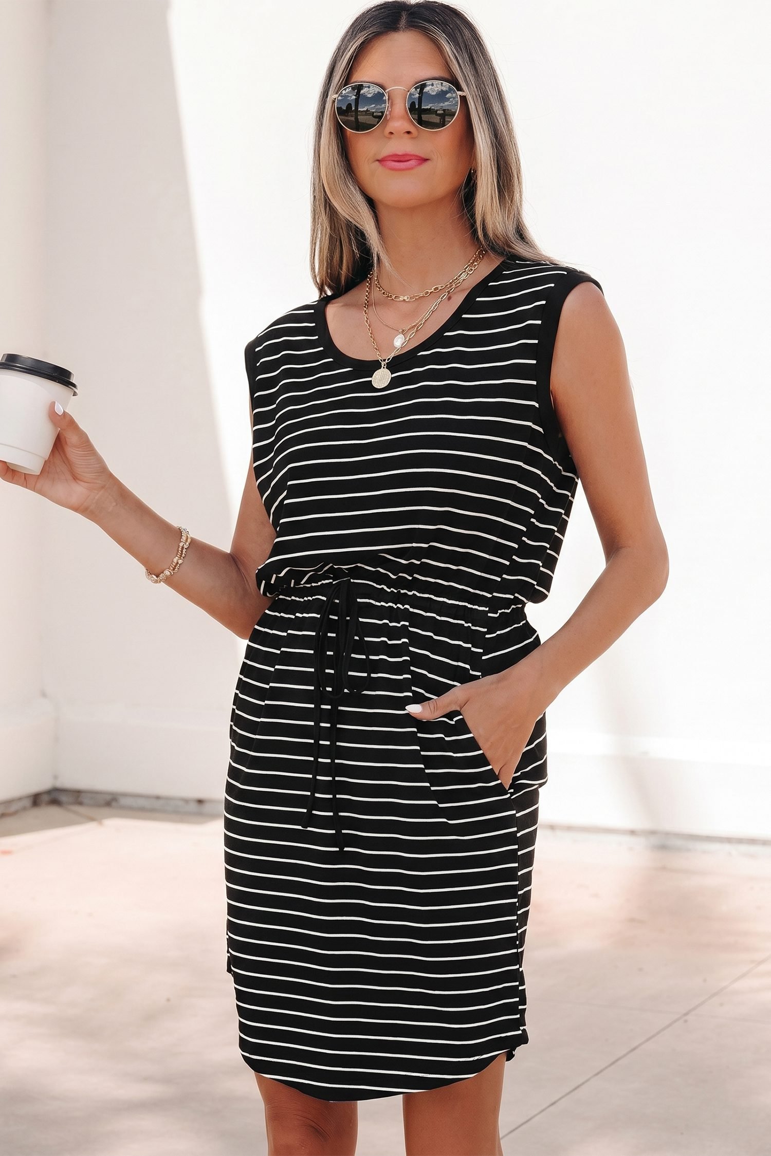 Black Stripe Drawstring Tunic Tank Mini Dress with Pockets