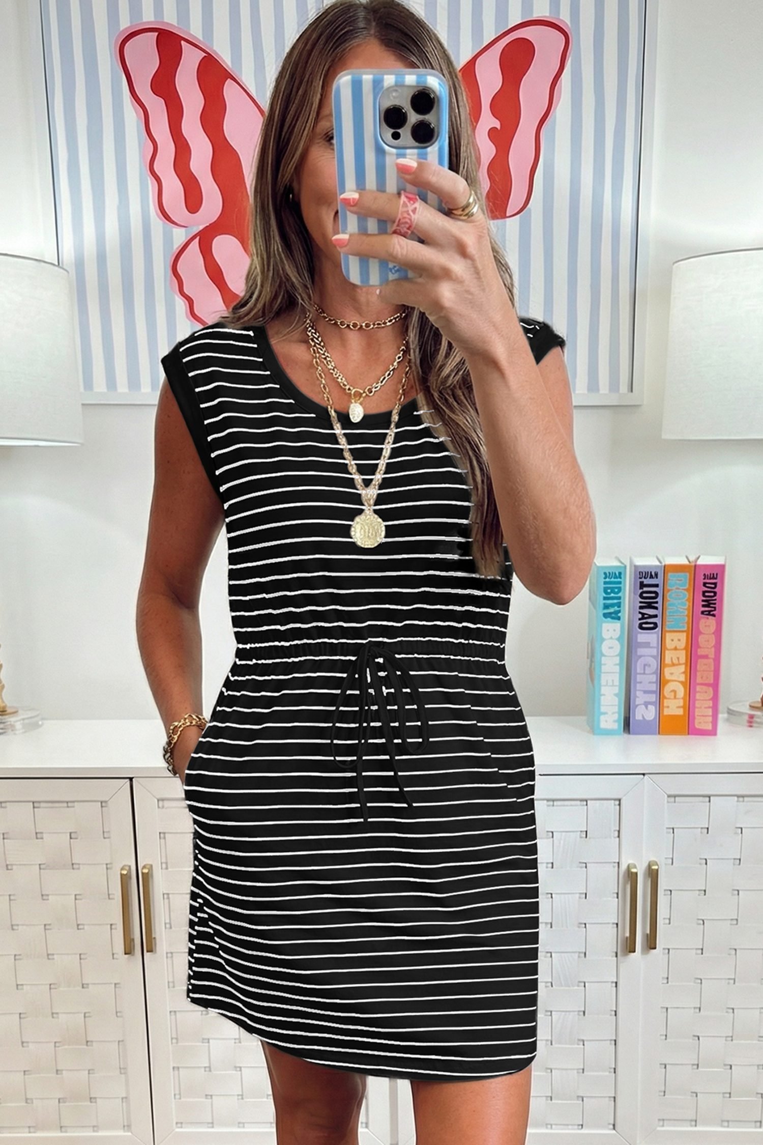 Black Stripe Drawstring Tunic Tank Mini Dress with Pockets