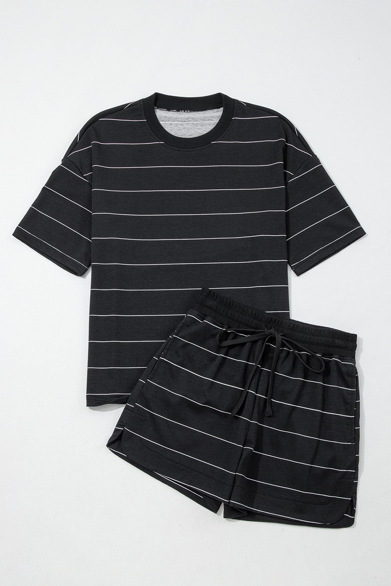 Black Stripe Half Sleeve Tee Drawstring Shorts 2pcs Set