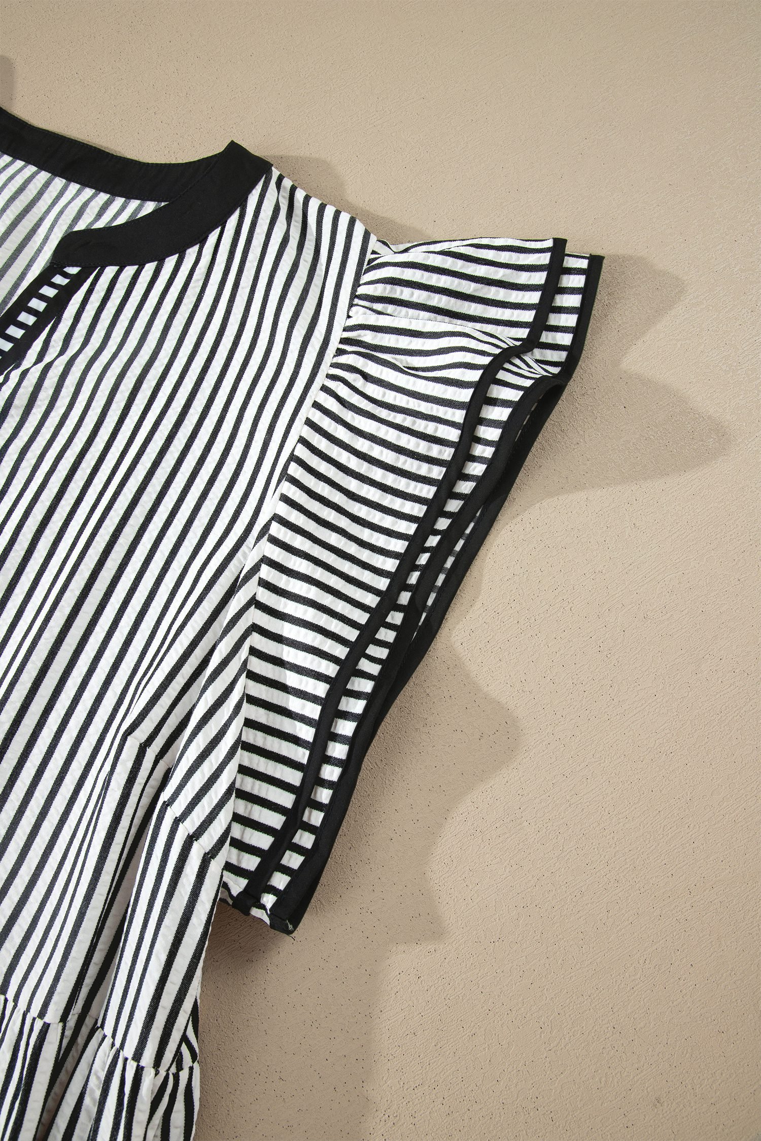 Black Stripe Plus Size Slit V Neck Tiered Flutter Sleeve Maxi Dress