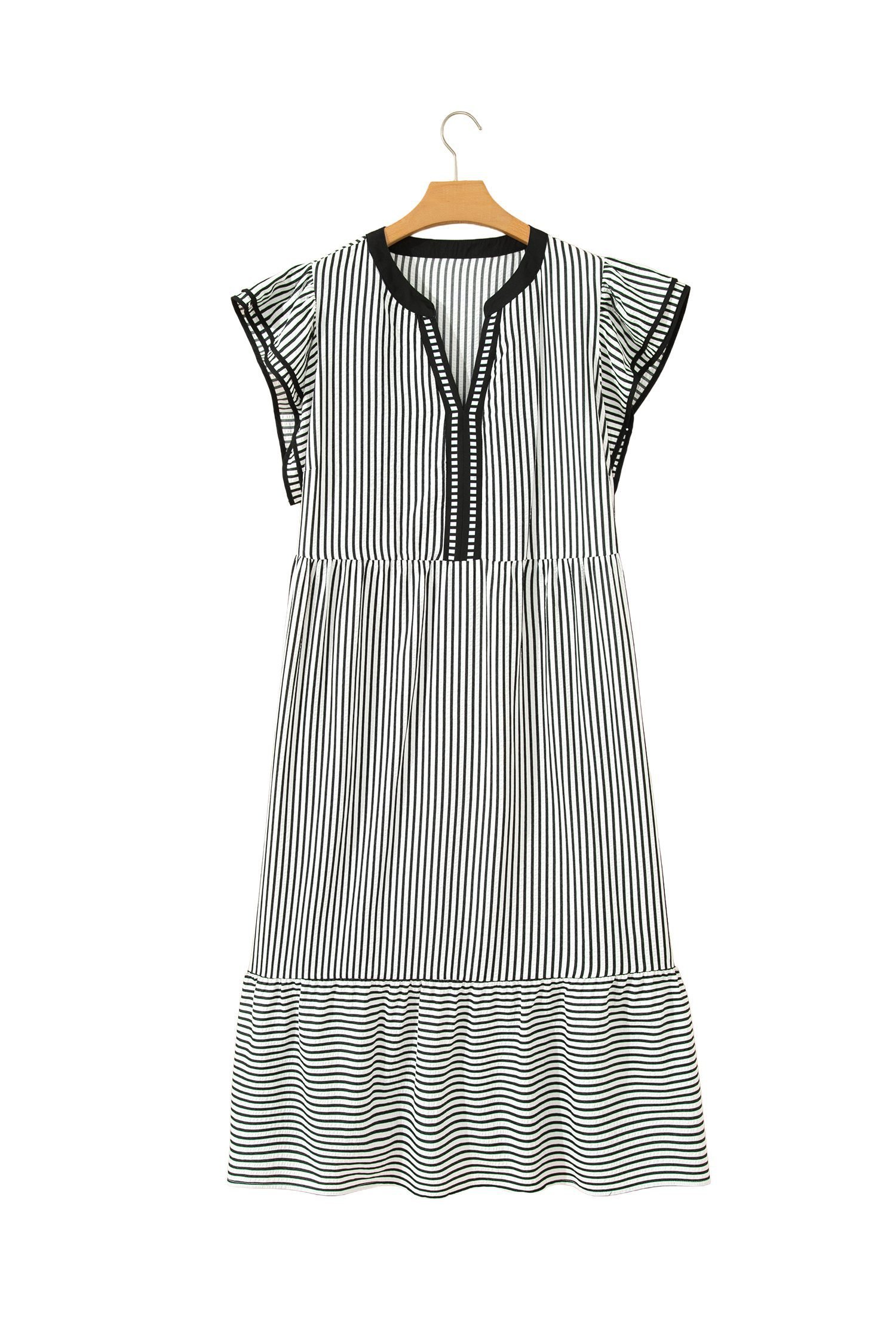 Black Stripe Plus Size Slit V Neck Tiered Flutter Sleeve Maxi Dress