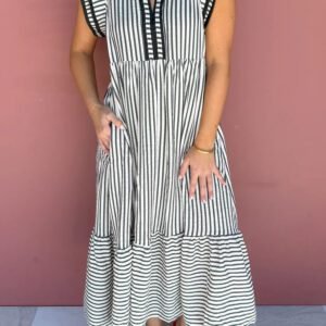 Black Stripe Plus Size Slit V Neck Tiered Flutter Sleeve Maxi Dress