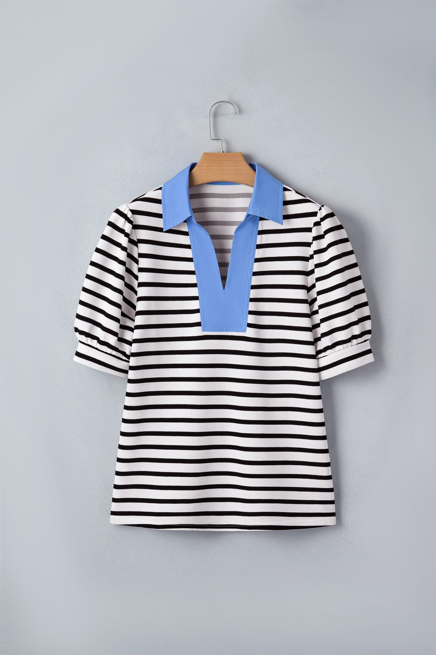Black Stripe Short Puff Sleeve Color Block Polo Collar Blouse
