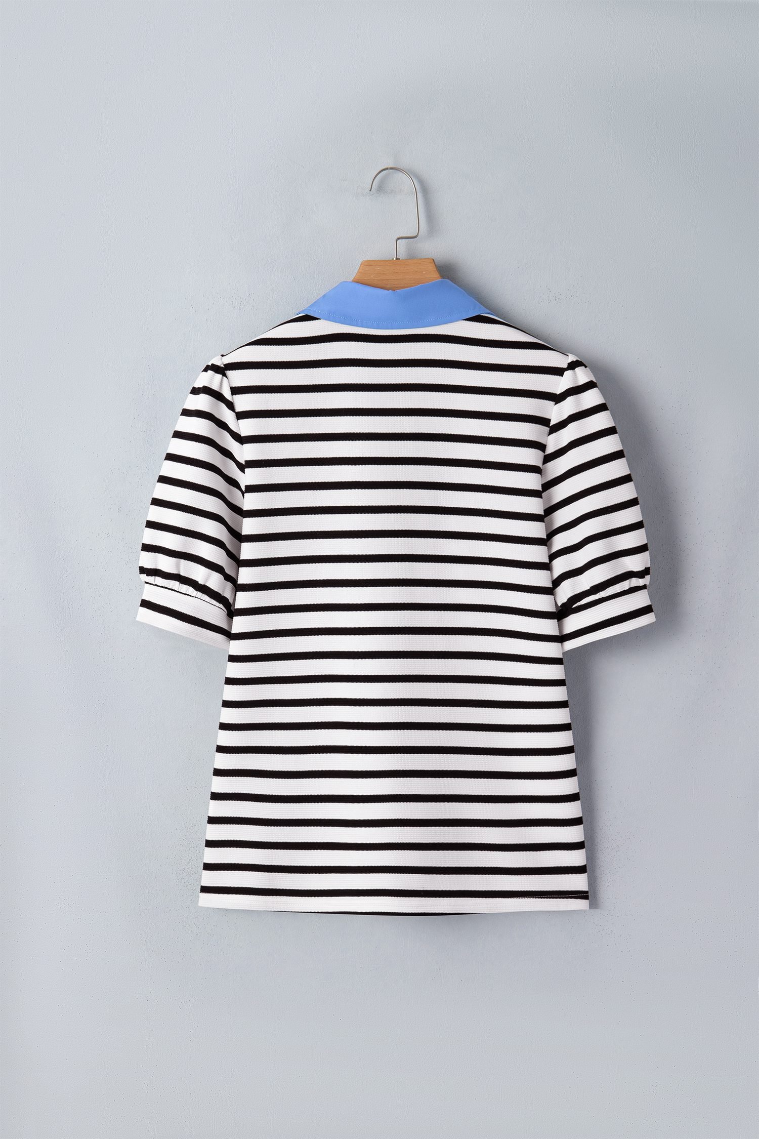Black Stripe Short Puff Sleeve Color Block Polo Collar Blouse