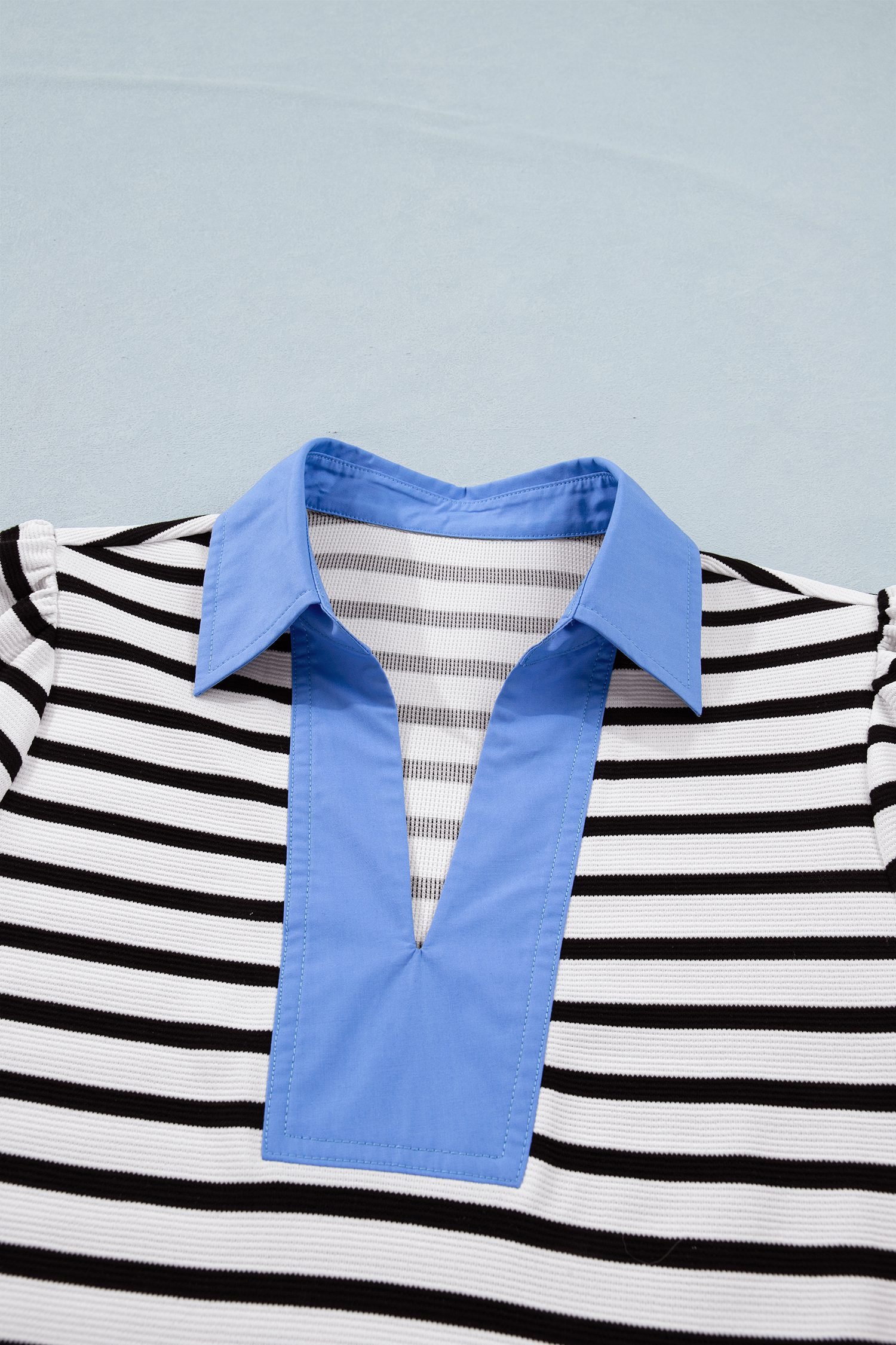 Black Stripe Short Puff Sleeve Color Block Polo Collar Blouse