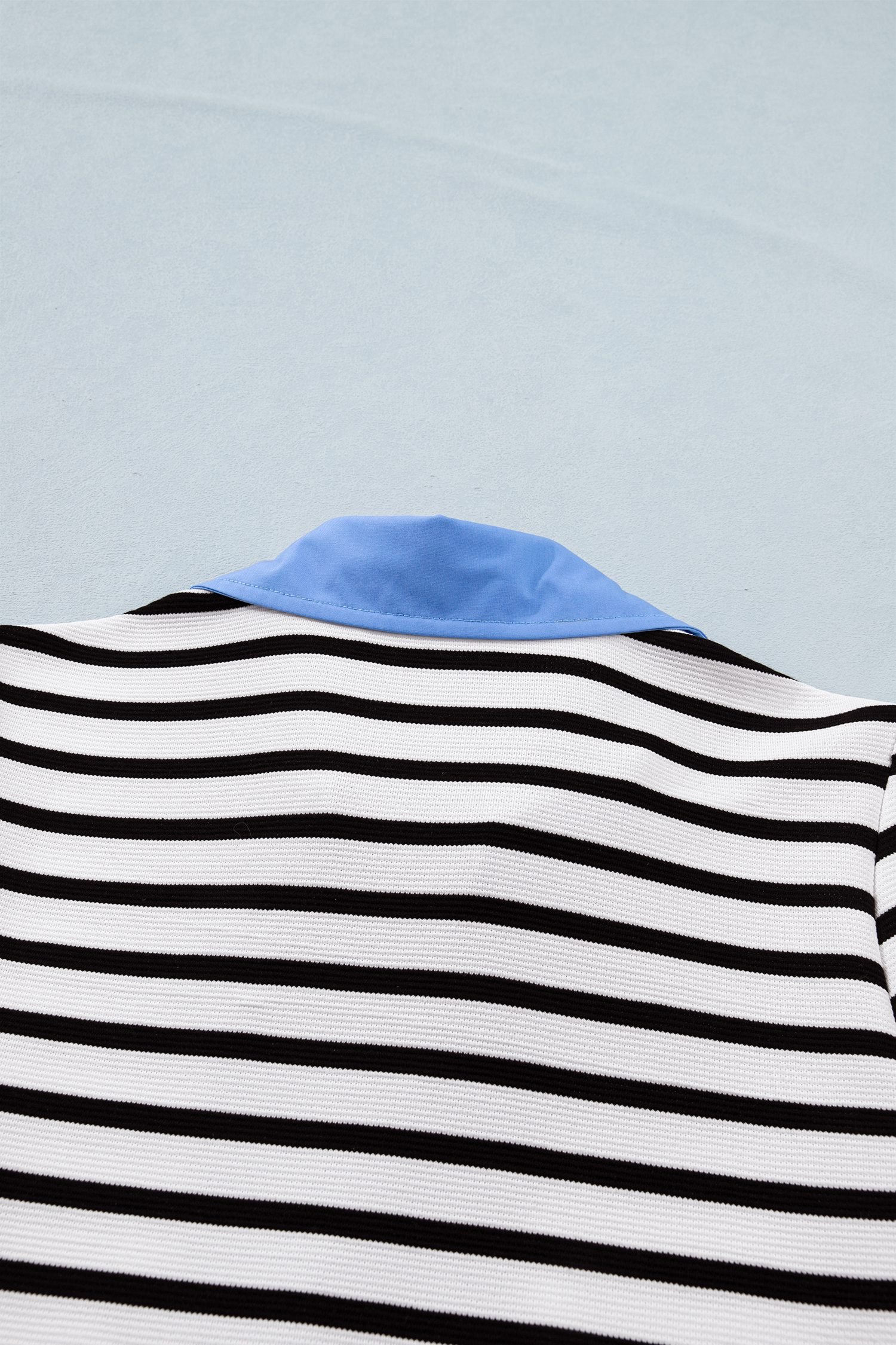 Black Stripe Short Puff Sleeve Color Block Polo Collar Blouse