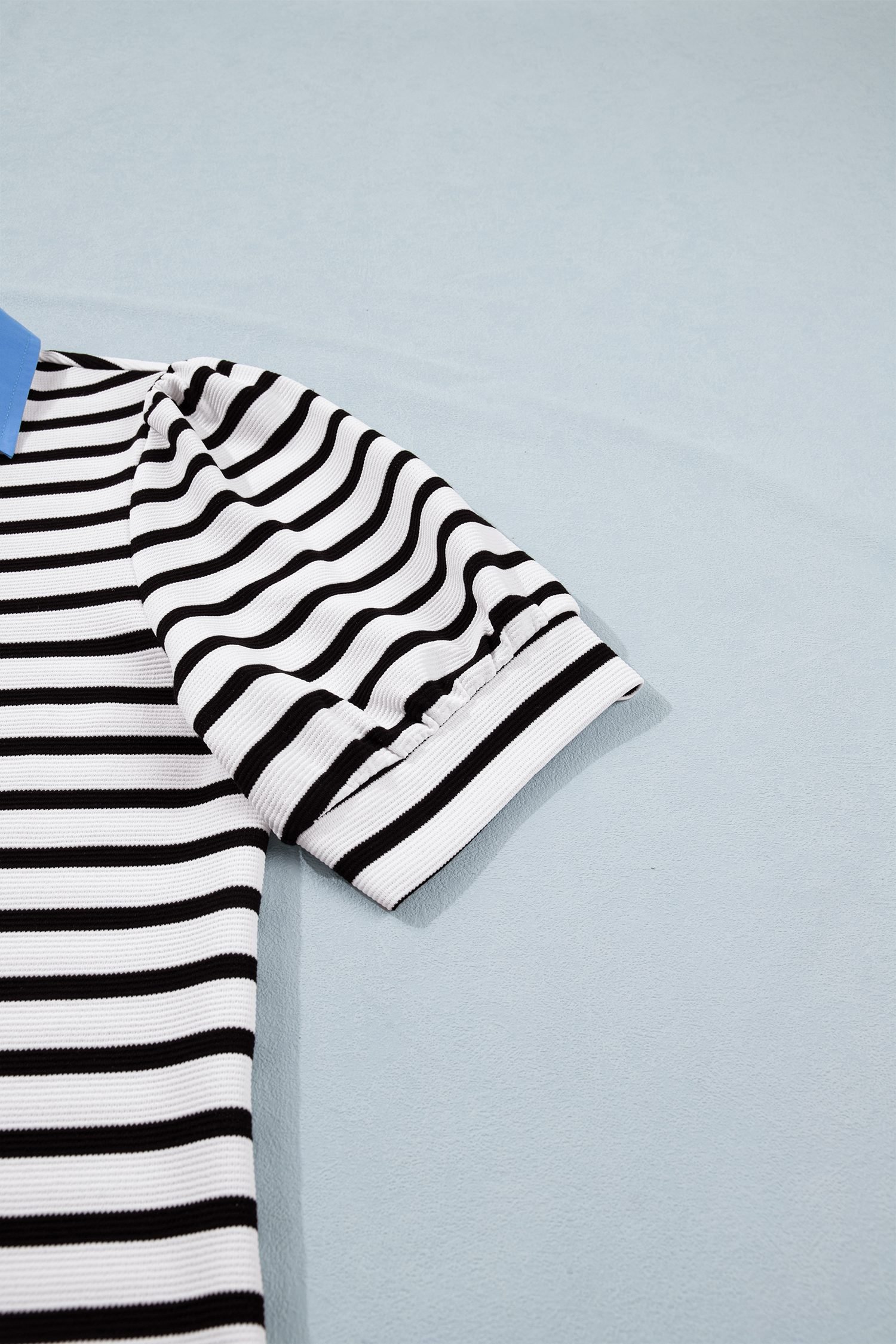 Black Stripe Short Puff Sleeve Color Block Polo Collar Blouse