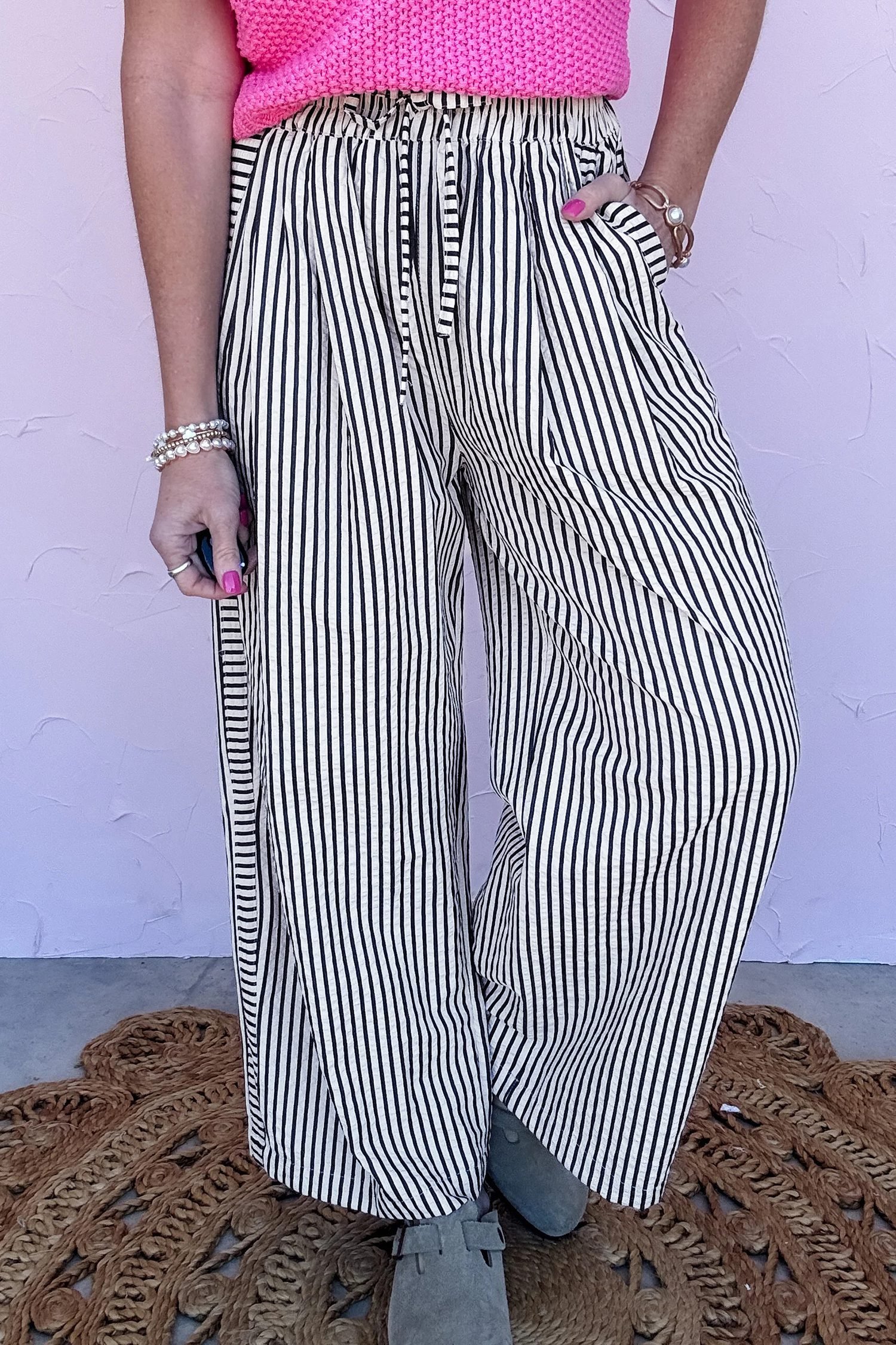 Black Stripe Wide Leg Casual Pants