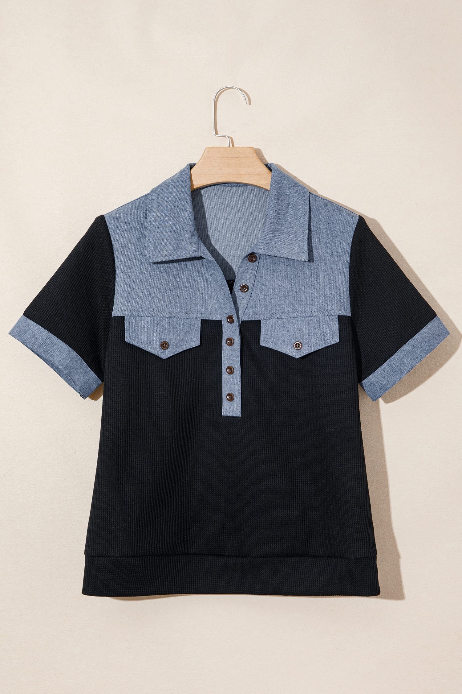 Black Waffle Knit Denim Color Block Patchwork Button Flap Polo Top