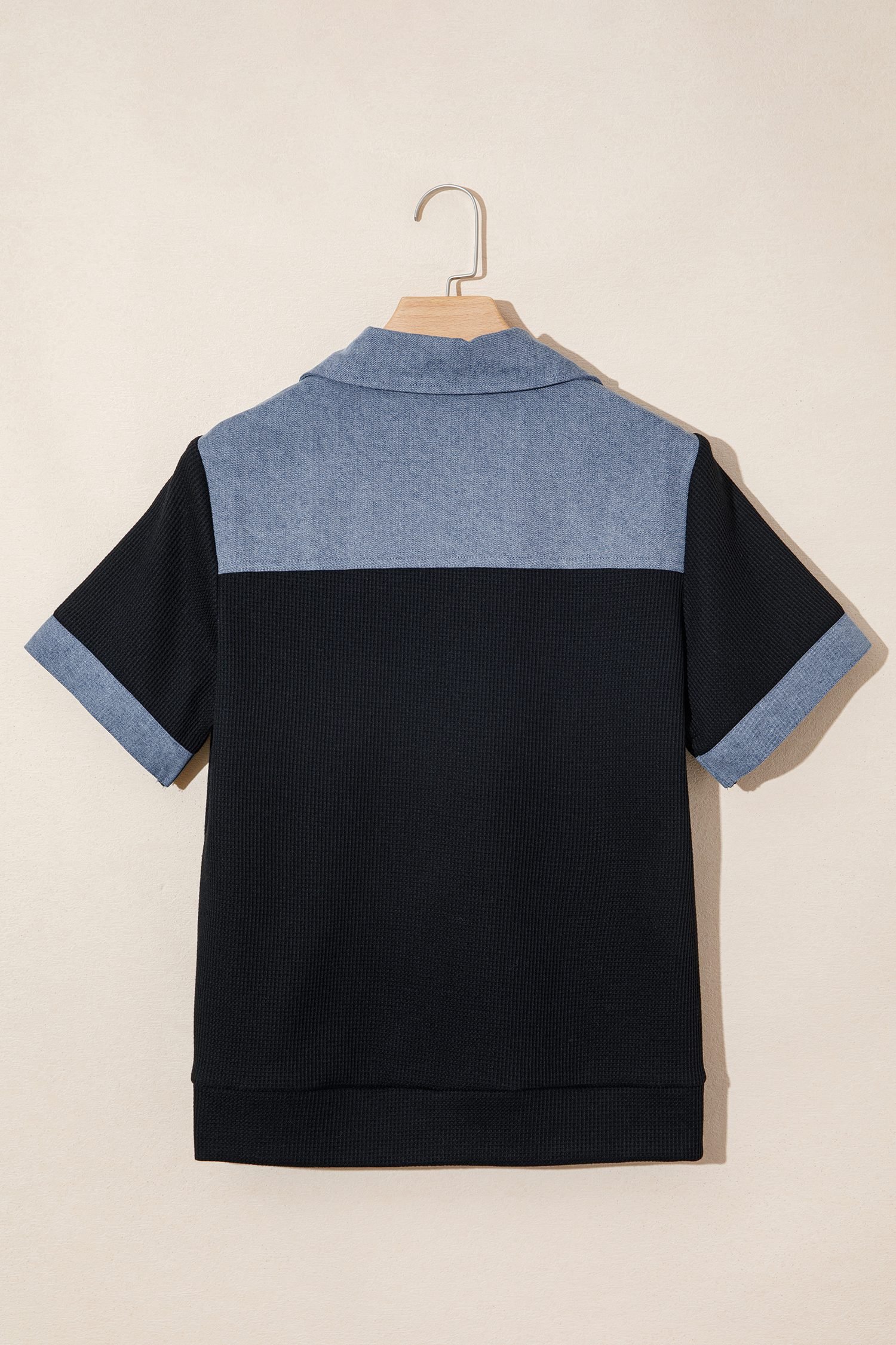 Black Waffle Knit Denim Color Block Patchwork Button Flap Polo Top