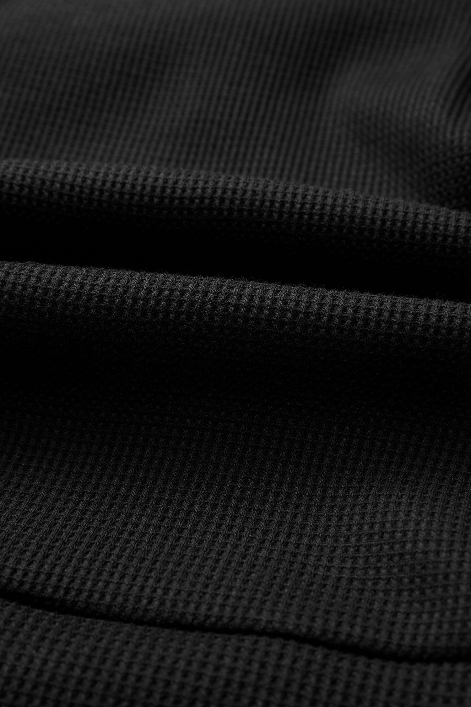 Black Waffle Knit Denim Color Block Patchwork Button Flap Polo Top