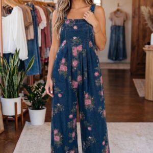 Blue Beau Floral Print Pleated High Waist Wide Leg Denim Jumpsuit