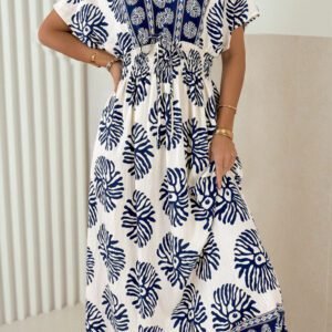 Blue Boho Floral Print Contrast Patchwork V Neck Dolman Maxi Dress