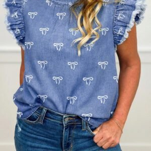 Blue Frilled Collar Flutter Sleeve Denim Top