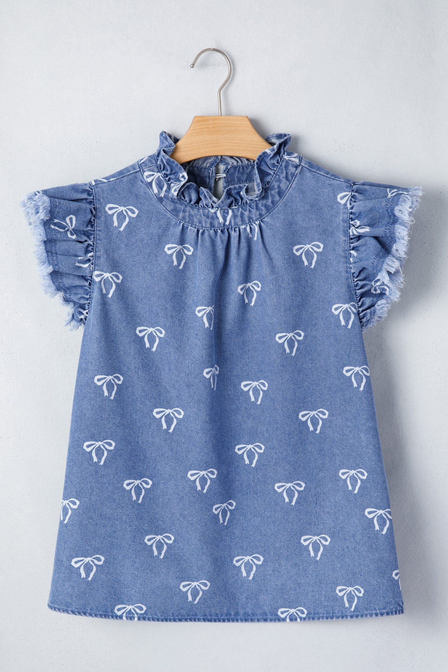 Blue Frilled Collar Flutter Sleeve Denim Top
