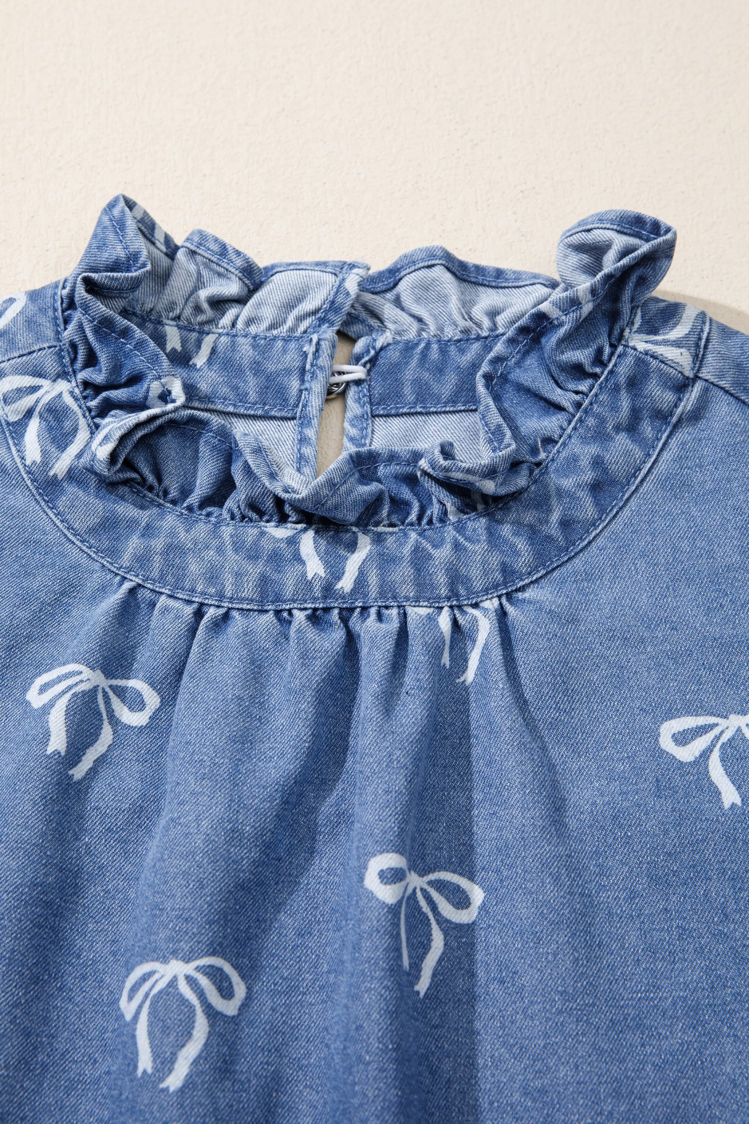 Blue Frilled Collar Flutter Sleeve Denim Top