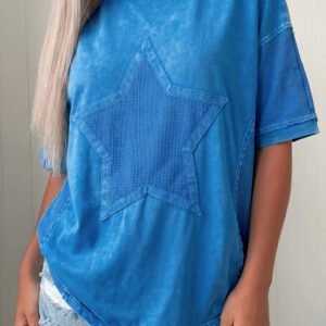 Blue Mineral Wash Star Mesh Patchwork Oversize Tee