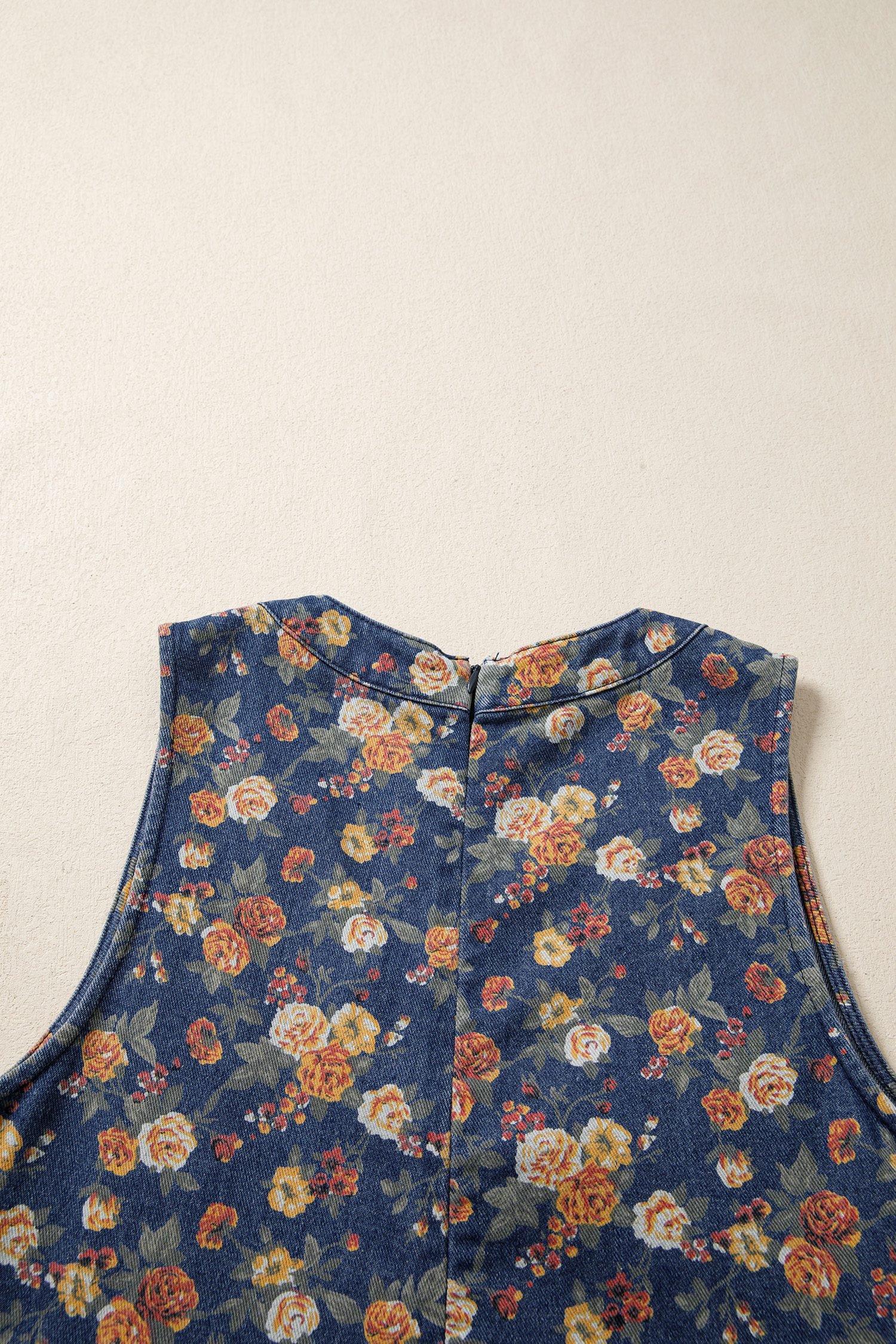 Blue Retro Floral Print Bow Tie V Neck Sleeveless Pleated Loose Denim Romper