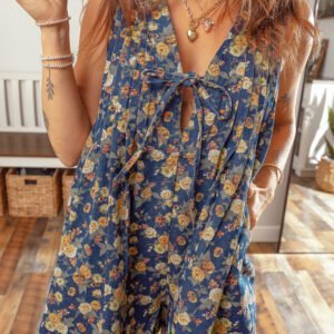 Blue Retro Floral Print Bow Tie V Neck Sleeveless Pleated Loose Denim Romper