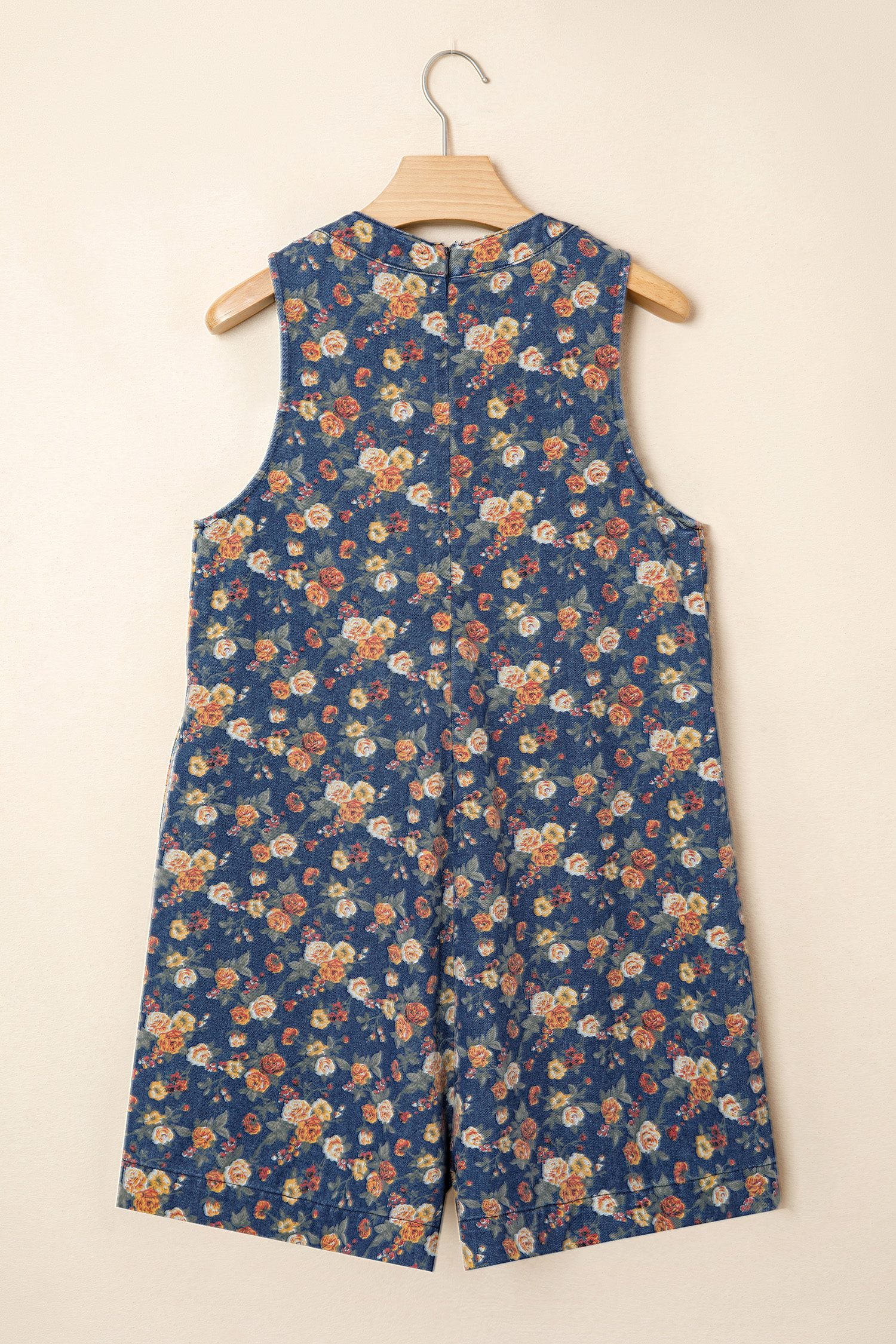 Blue Retro Floral Print Bow Tie V Neck Sleeveless Pleated Loose Denim Romper