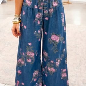 Blue Retro Floral Print Tie Elastic Waist Button Pintuck Wide Leg Jeans