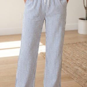 Blue Stripe Drawstring Elastic Waist Ankle Length Shift Pants