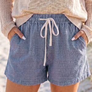 Blue Stripe Drawstring Elastic Waist Casual Denim Shorts