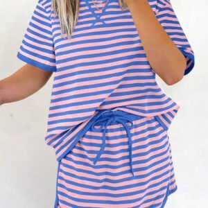 Blue Stripe Loose Short Sleeve Top and Skirt Set