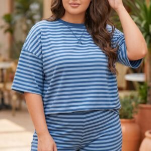 Blue Stripe Plus Size Dropped Shoulder Tee and Shorts Two-Piece Set