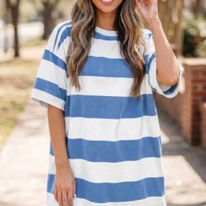 Blue Stripe Raw Seam Shoulder Detail Casual Tee Dress