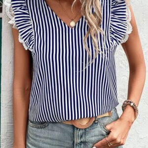 Blue Stripe V Neck Lace Contrast Ruffle Trim Tank Top