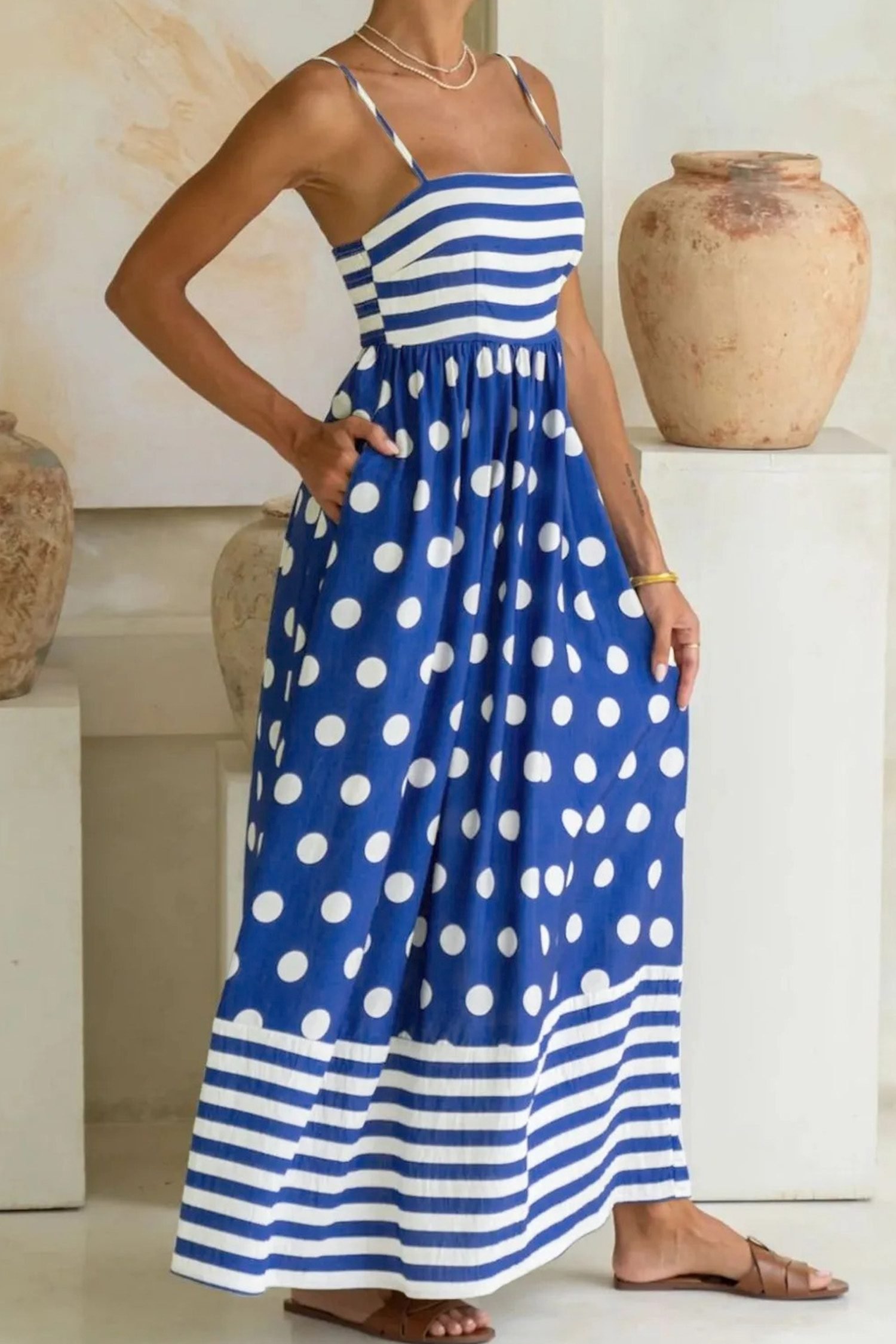 Blue Striped Polka Dot Patchwork High Waist Spaghetti Straps Maxi Dress