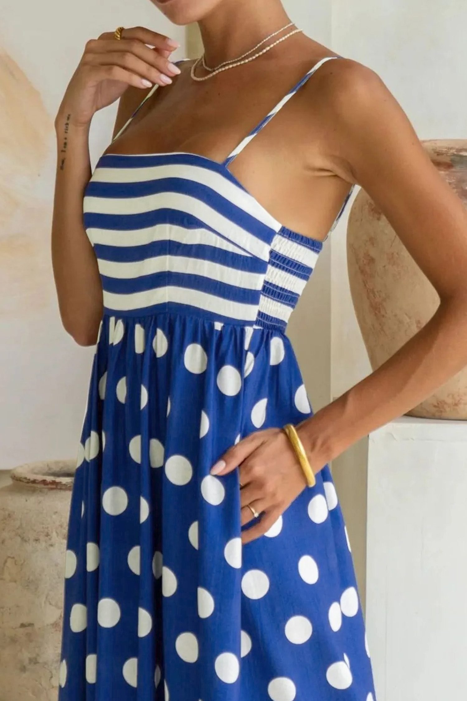 Blue Striped Polka Dot Patchwork High Waist Spaghetti Straps Maxi Dress