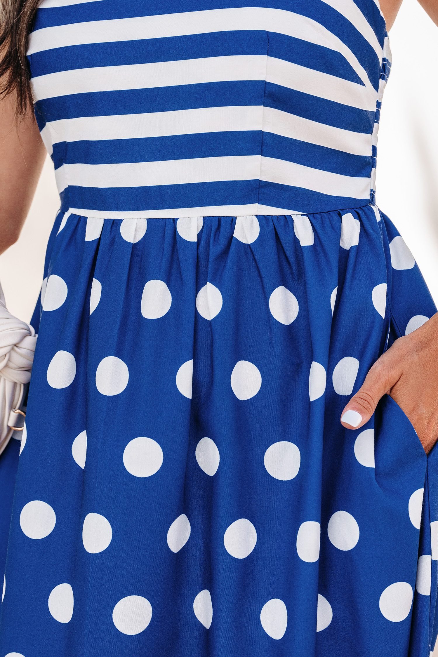 Blue Striped Polka Dot Patchwork High Waist Spaghetti Straps Maxi Dress