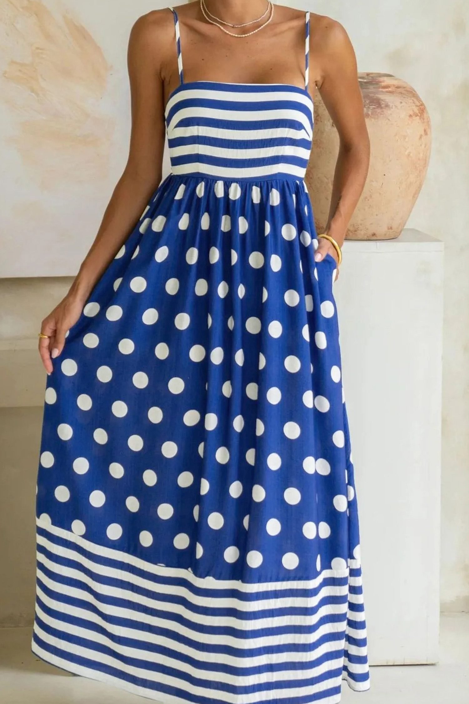 Blue Striped Polka Dot Patchwork High Waist Spaghetti Straps Maxi Dress