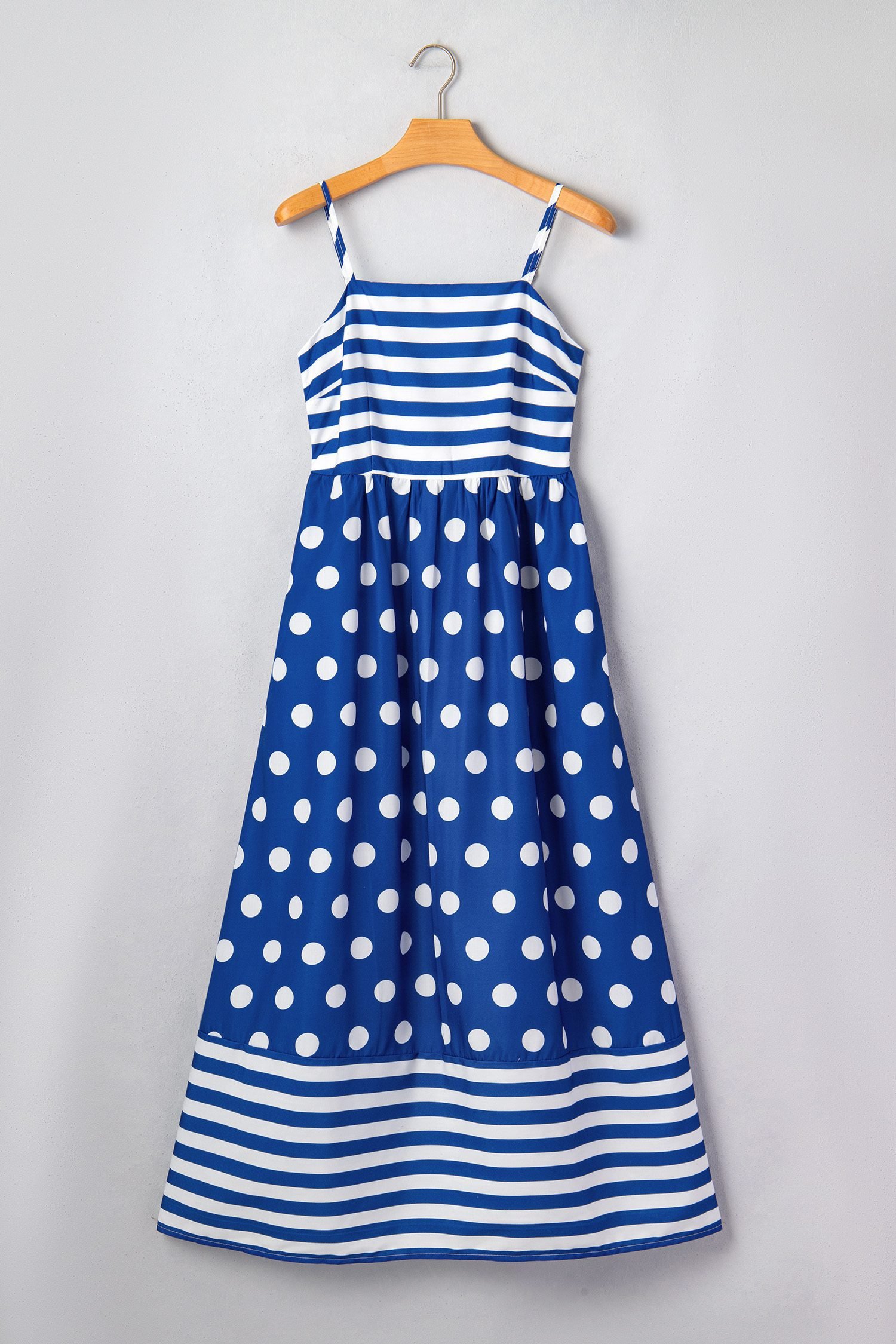 Blue Striped Polka Dot Patchwork High Waist Spaghetti Straps Maxi Dress