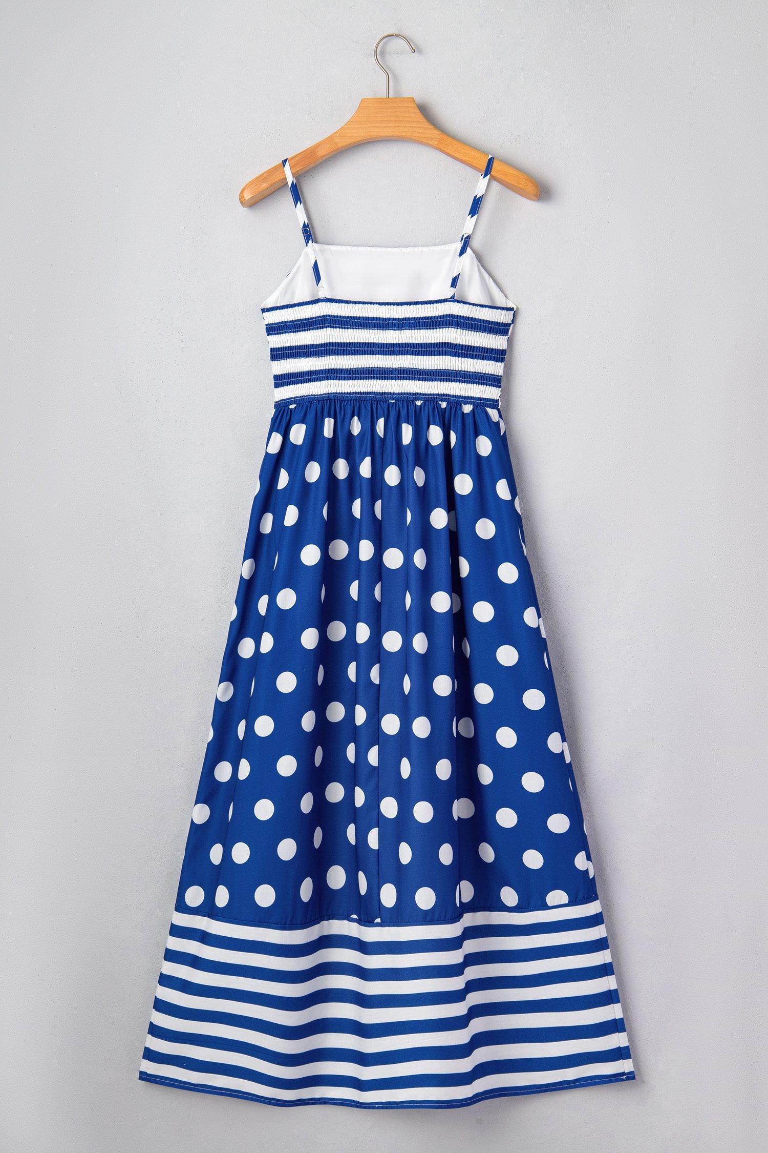 Blue Striped Polka Dot Patchwork High Waist Spaghetti Straps Maxi Dress