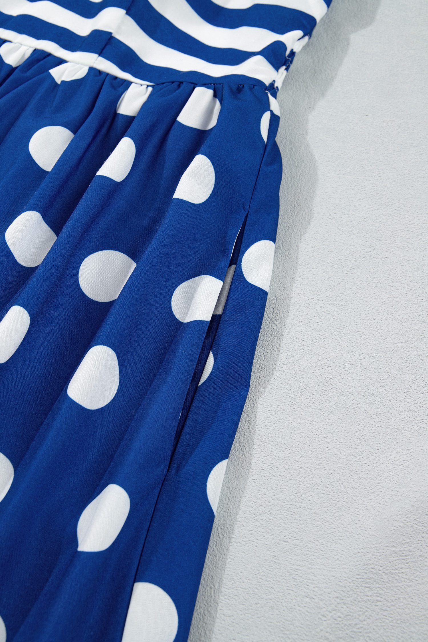 Blue Striped Polka Dot Patchwork High Waist Spaghetti Straps Maxi Dress