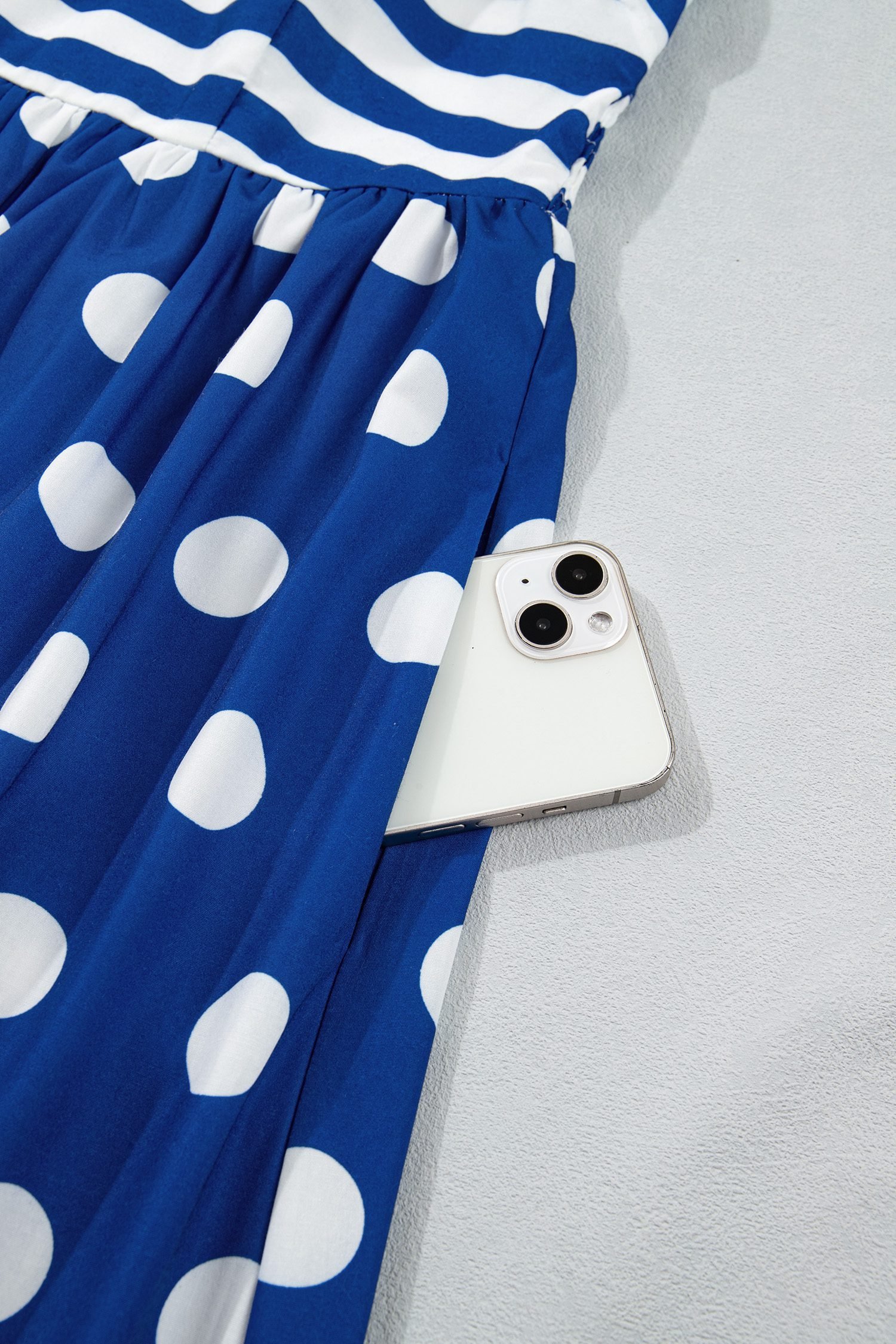 Blue Striped Polka Dot Patchwork High Waist Spaghetti Straps Maxi Dress