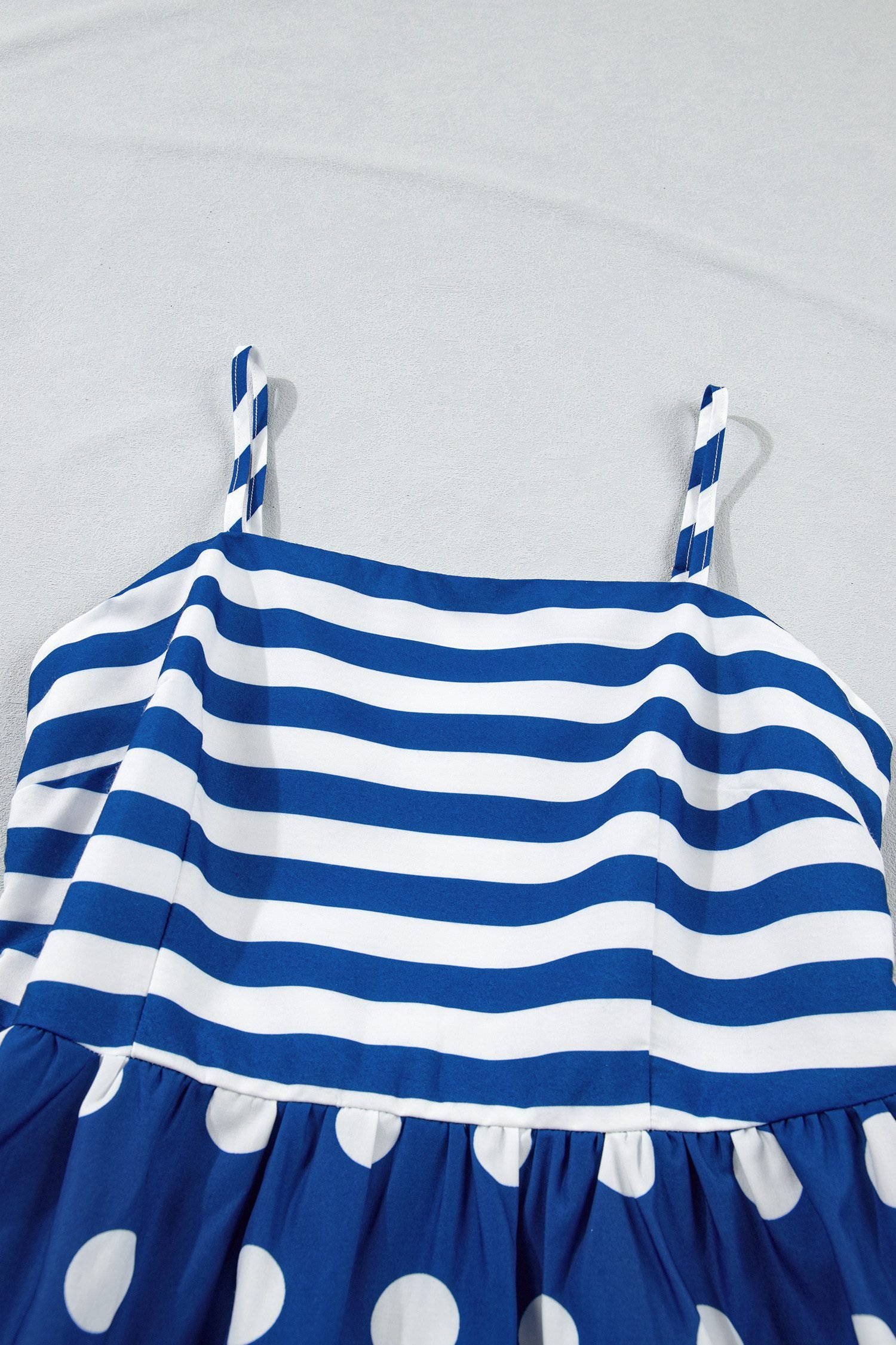 Blue Striped Polka Dot Patchwork High Waist Spaghetti Straps Maxi Dress