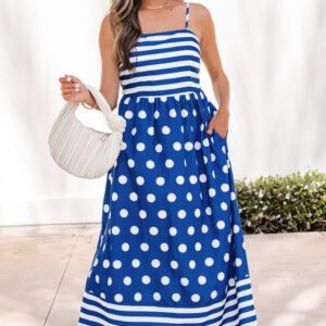 Blue Striped Polka Dot Patchwork High Waist Spaghetti Straps Maxi Dress